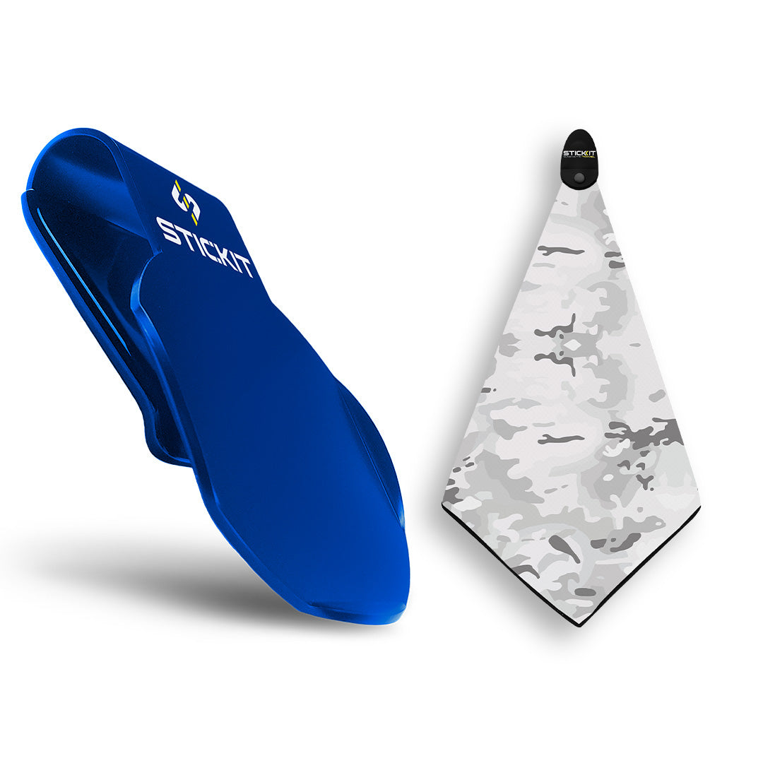 Blue silicone STICKIT clip with a camouflage microfiber towel for outdoor activities and sports.