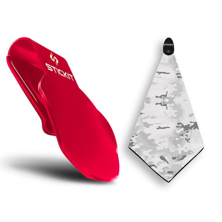 Red silicone stick-it clip with white camouflage microfiber towel for outdoor activities and sports.