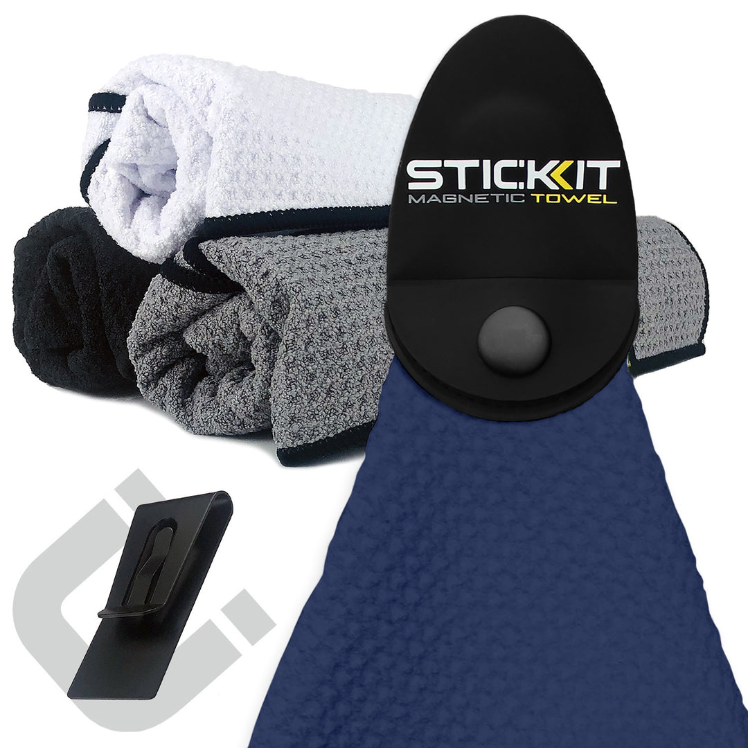 Stylish navy magnetic towel with a textured design, featuring a black clip for easy attachment, perfect for gym or travel.