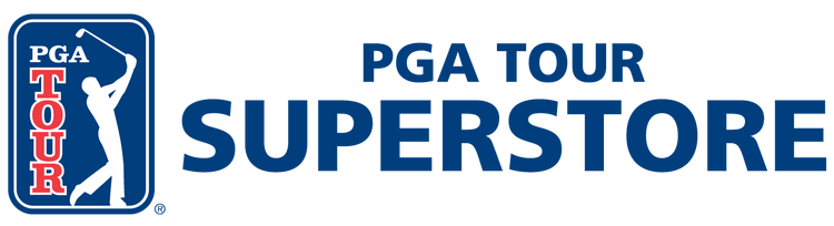 PGA Tour Superstore logo, bold red and blue colors, featuring a golfer silhouette, modern sports retail style.