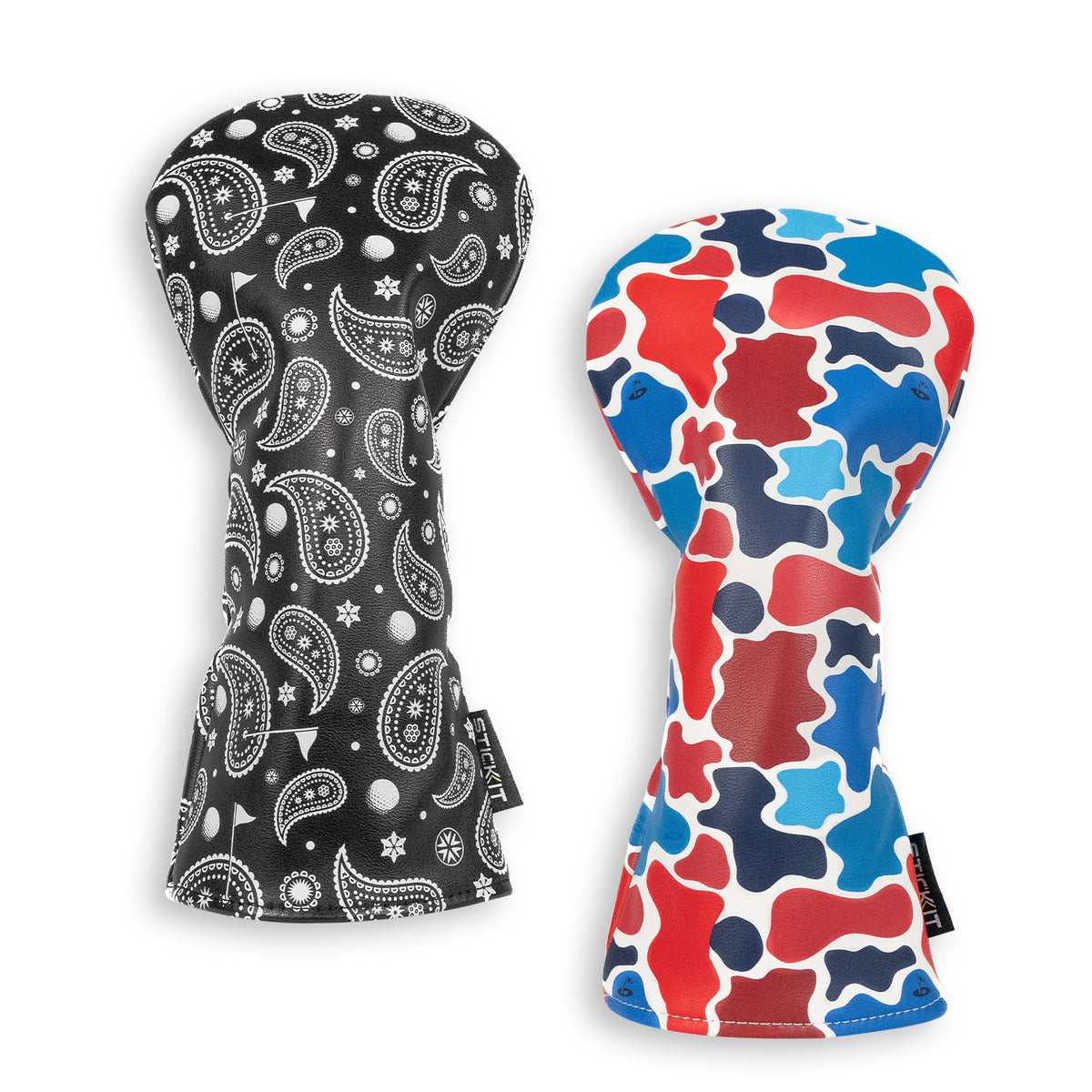 Black paisley and blue-red camo silicone oven mitts, stylish and heat-resistant, ideal for kitchen use.