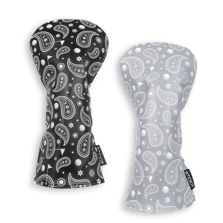 Pair of cotton oven mitts in black and gray paisley pattern, featuring stylish printed designs for kitchen protection.