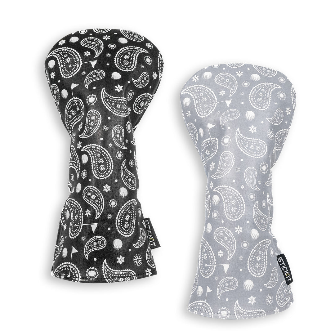 Pair of cotton oven mitts in black and gray paisley pattern, featuring stylish printed designs for kitchen protection.