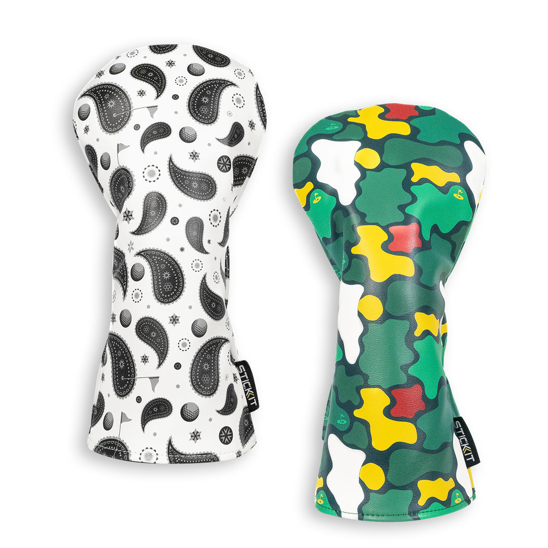 Pair of oven mitts: black and white paisley design, and green, yellow, and brown camouflage pattern, durable fabric.