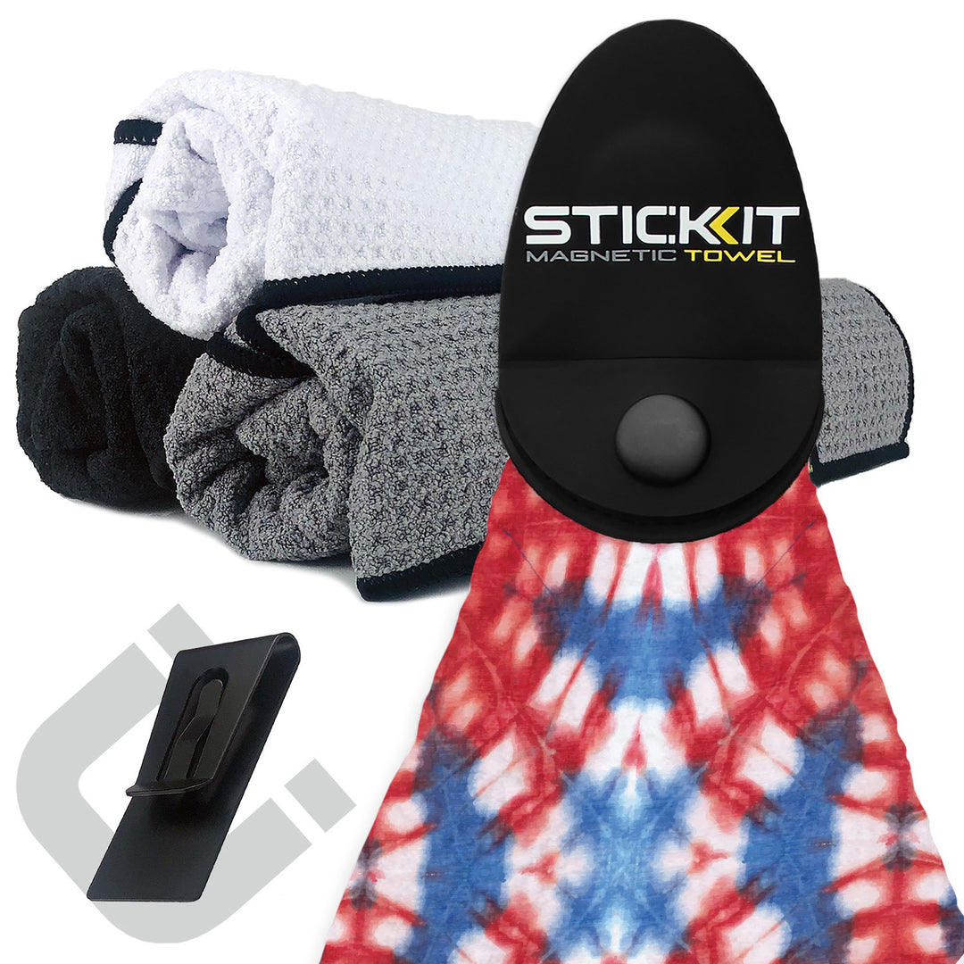 StickKit Magnetic Towel in red, white, and blue tie-dye, with a compact holder; perfect for sports and outdoor activities.