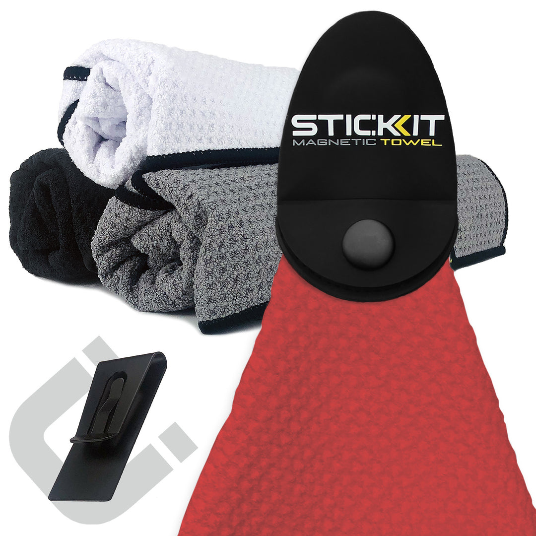 Red magnetic towel with black holder, featuring waffle texture; perfect for sports and outdoor activities.