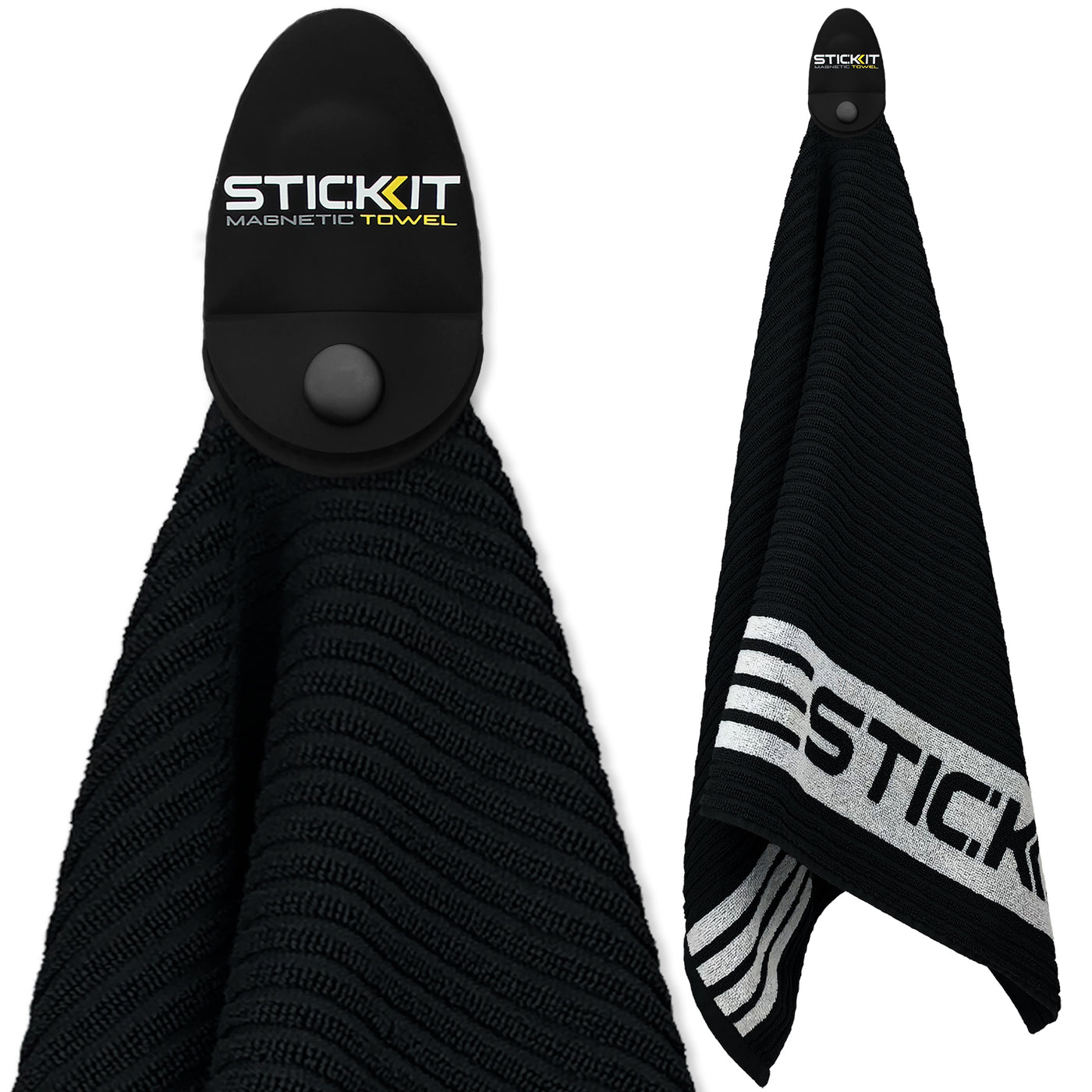 Black magnetic towel with textured design and white "STICKIT" logo, perfect for hands-free hanging in any workspace.