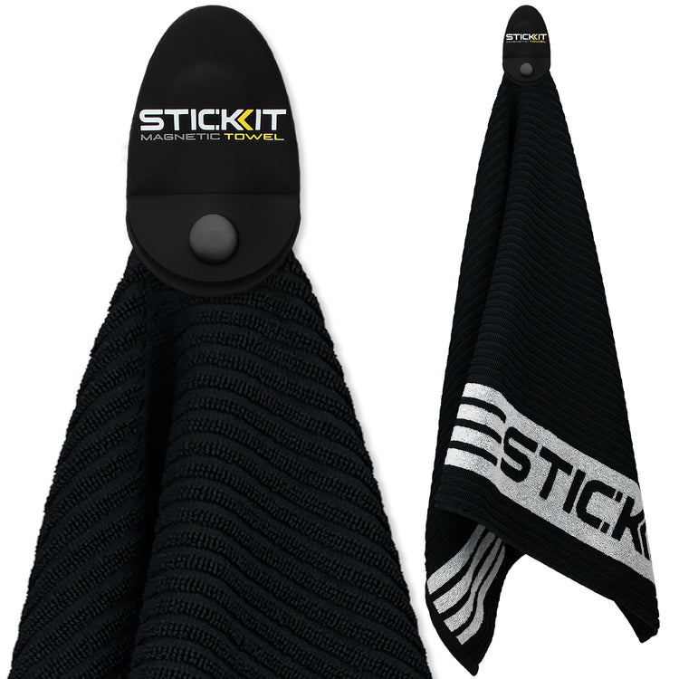 Black magnetic towel with textured design and white "STICKIT" logo, perfect for hands-free hanging in any workspace.
