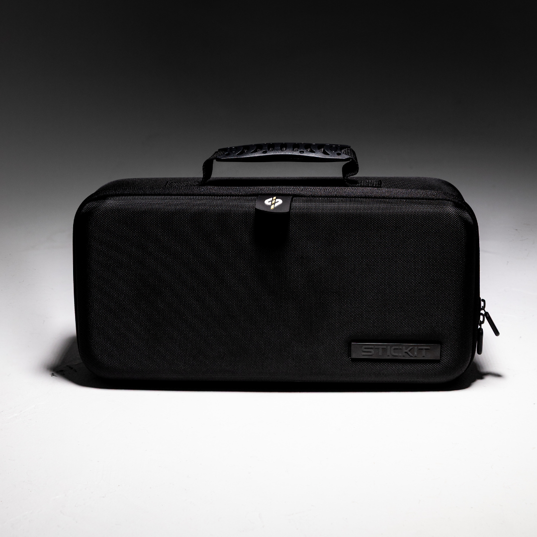 Black durable fabric storage case with a textured handle and stylish logo for organizing essentials.
