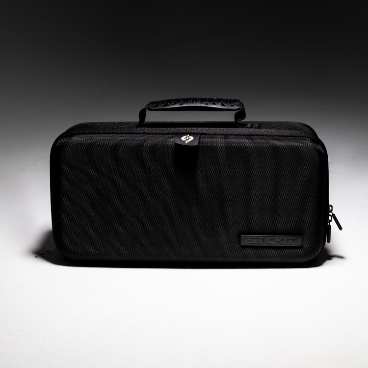 Black durable fabric storage case with a textured handle and stylish logo for organizing essentials.