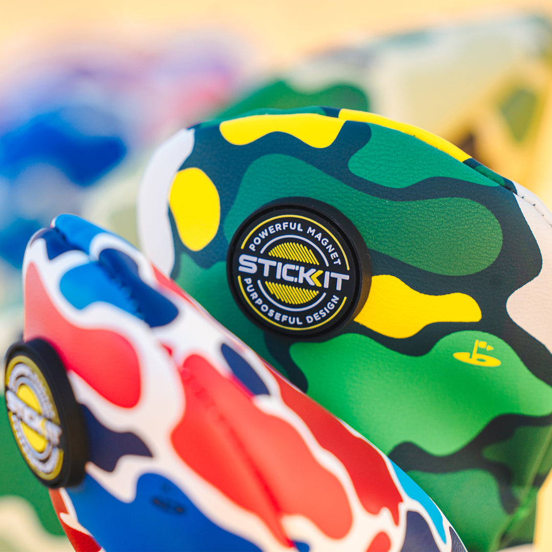 Colorful camo stick-on magnets in red, blue, and green with a sleek design for secure attachment and versatility.