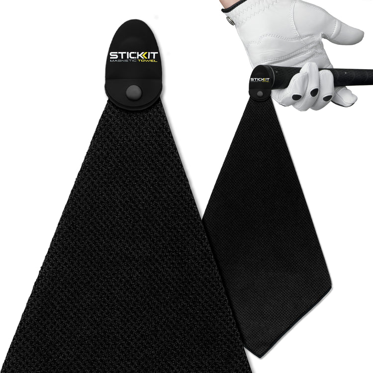 Black microfiber golf towel with magnetic clip, perfect for on-course convenience and quick drying.