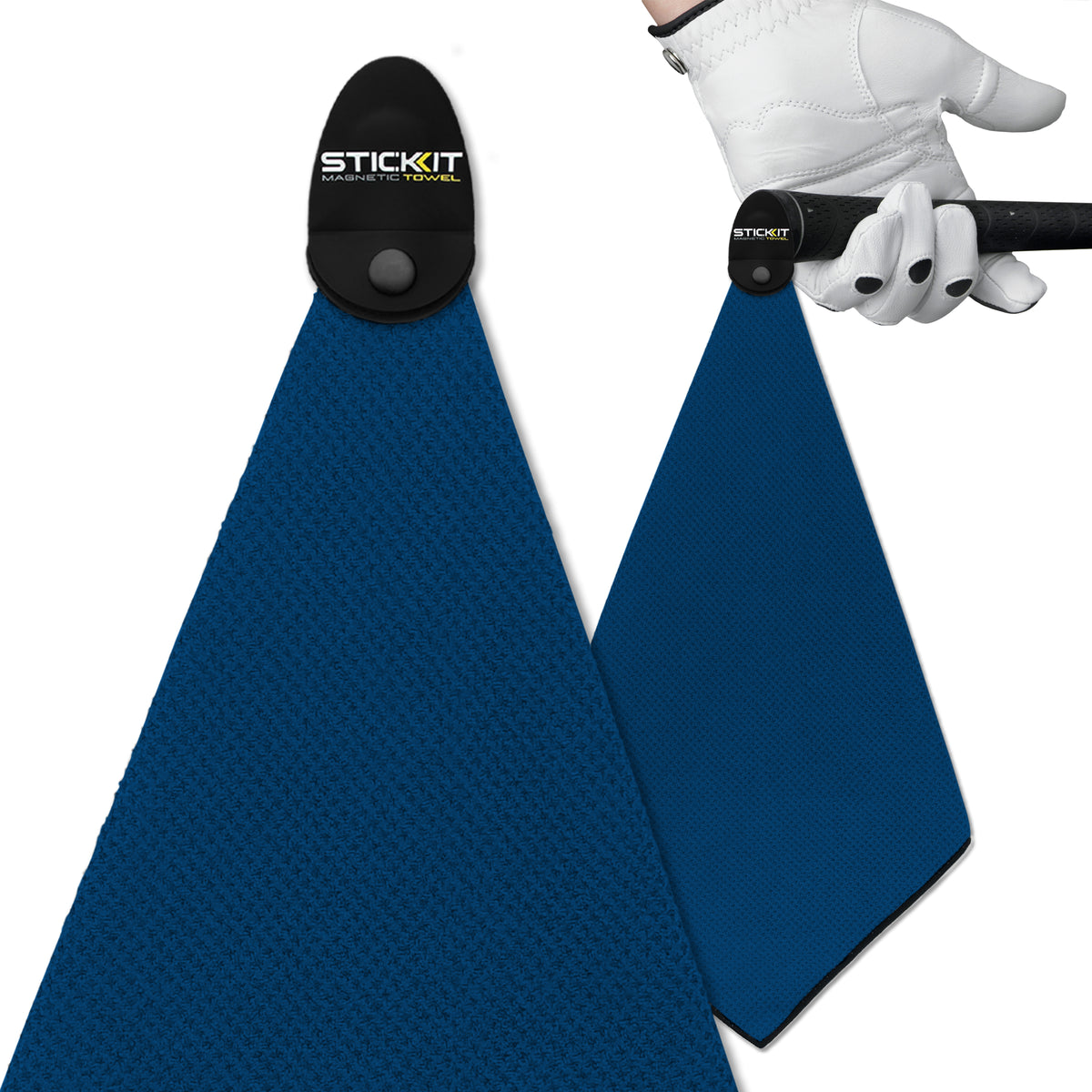 Blue microfiber golf towel with magnetic attachment, ideal for keeping clubs clean and dry.