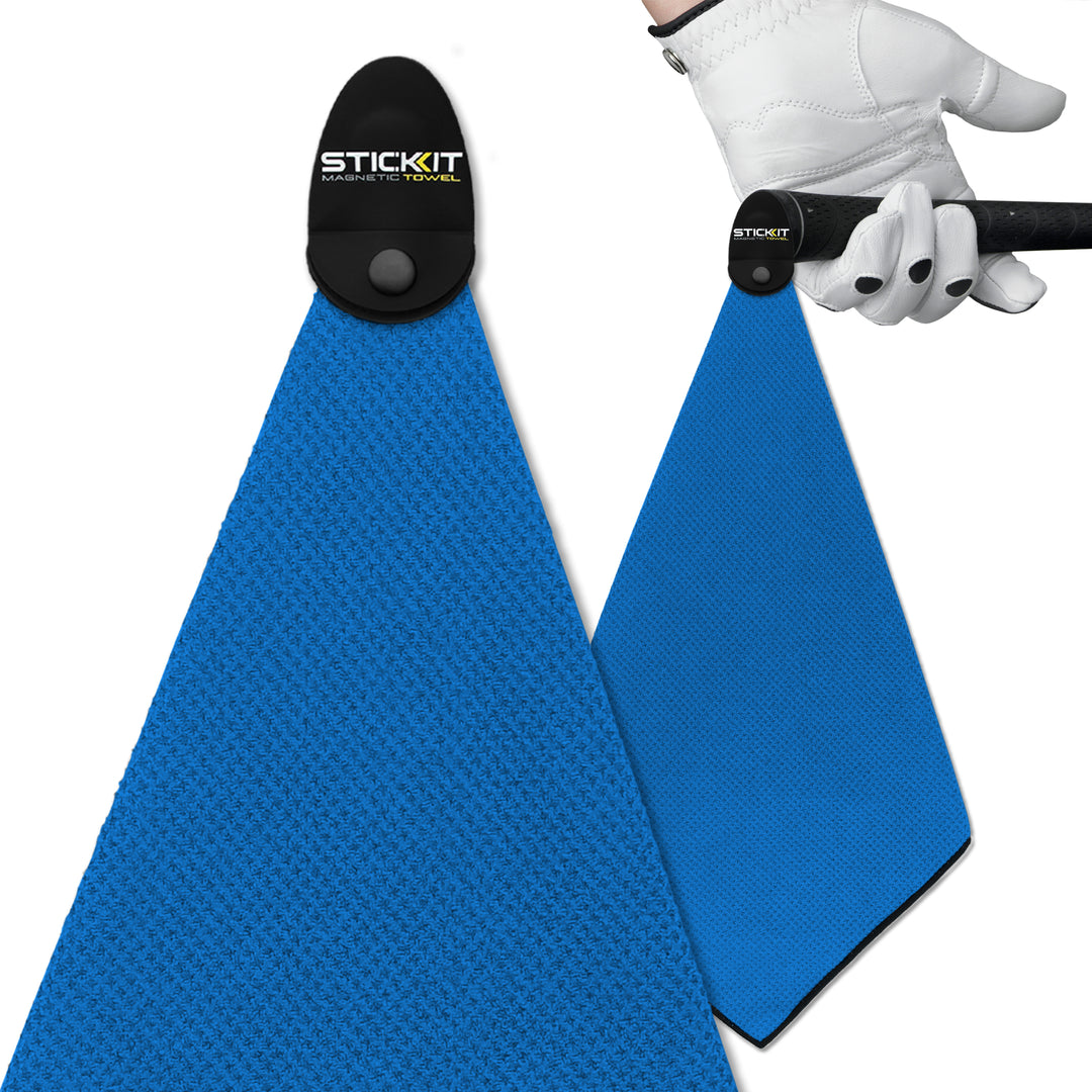 Blue microfiber golf towel with adjustable magnetic clip, perfect for cleaning clubs and enhancing your game.