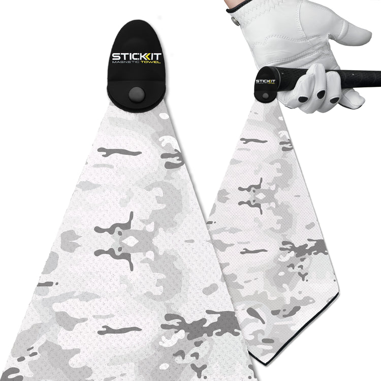 White and gray camo microfiber golf towel with magnetic clip, perfect for keeping clubs clean on the course.