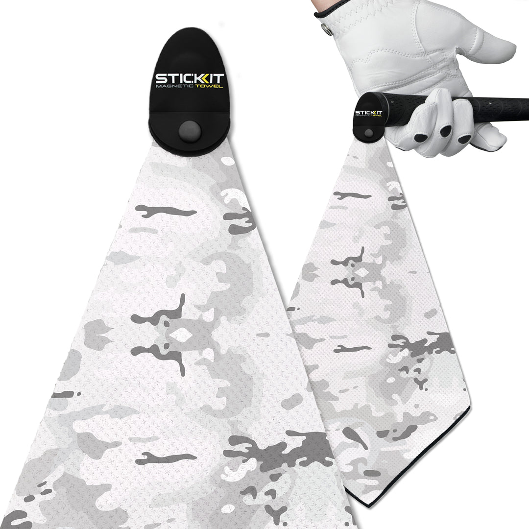 White and gray camo microfiber golf towel with magnetic clip, perfect for keeping clubs clean on the course.