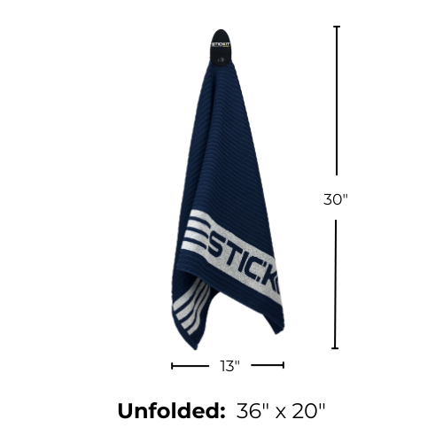 Navy blue cotton golf towel with white striped design, measuring 36"x20", perfect for sports and active use.