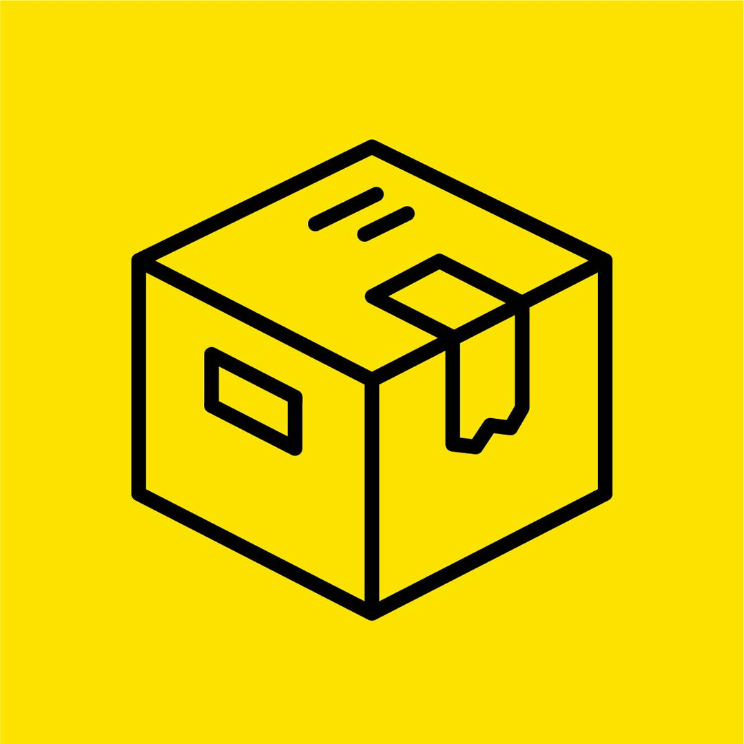 Yellow box with black outline, featuring a top flap and side handle, ideal for packaging and shipping products.