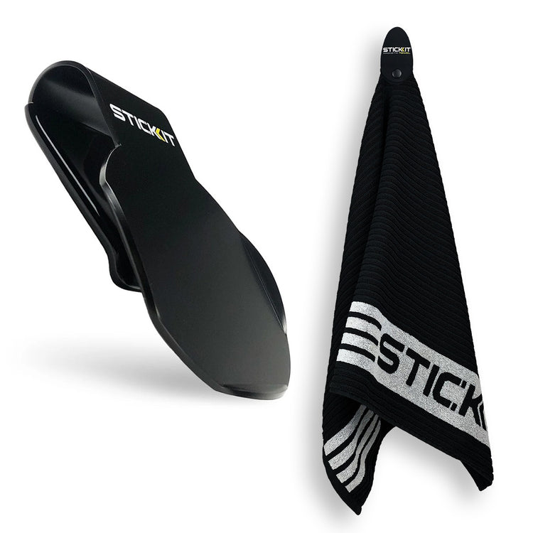 Black Stickit towel holder with a black and white striped microfiber towel, stylish and functional for active lifestyles.