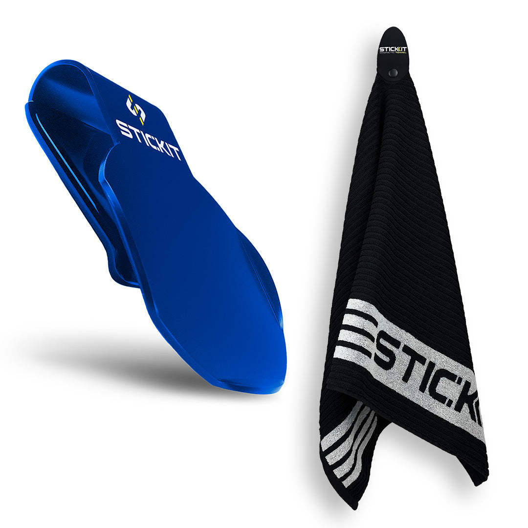 Blue silicone sports towel clip with a black towel featuring white striped design and logo. Ideal for active lifestyles.