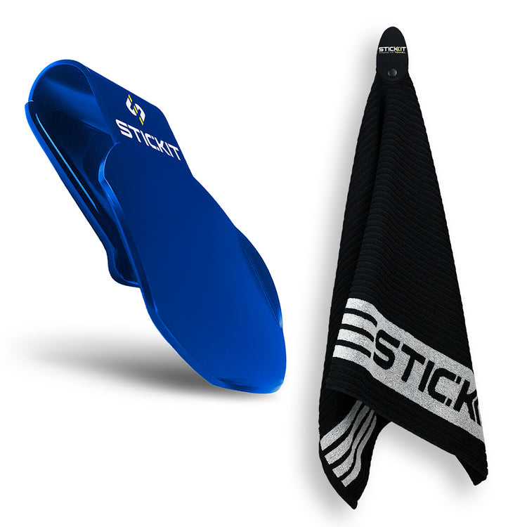 Blue silicone sports towel clip with a black towel featuring white striped design and logo. Ideal for active lifestyles.