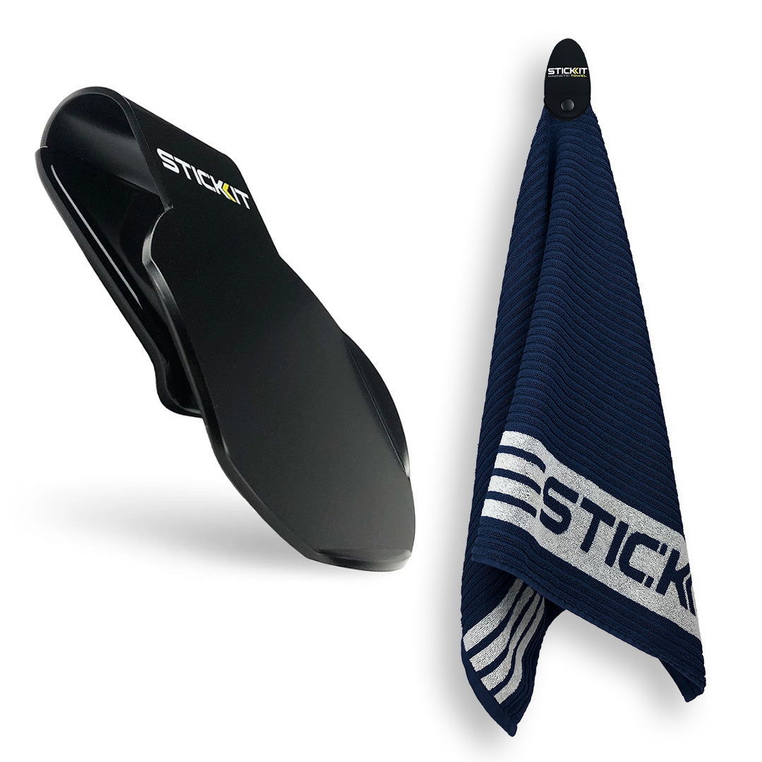 Black Stickit towel holder with navy blue striped towel, perfect for sports and gym use. Durable and stylish design.