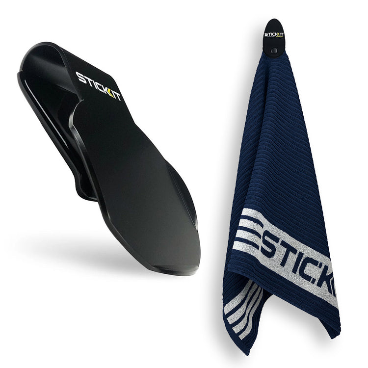 Black Stickit towel holder with navy blue striped towel, perfect for sports and gym use. Durable and stylish design.