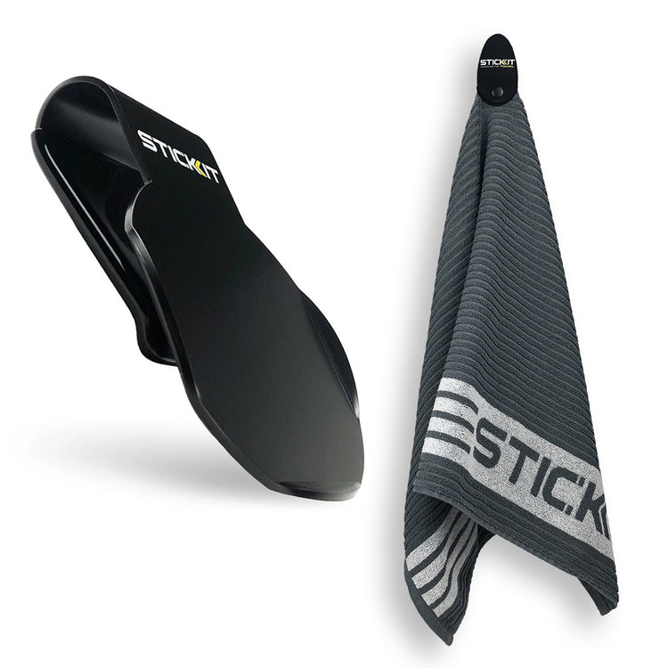 Black STICKIT towel holder with gray and white striped towel, perfect for gym or sports use, durable and stylish.
