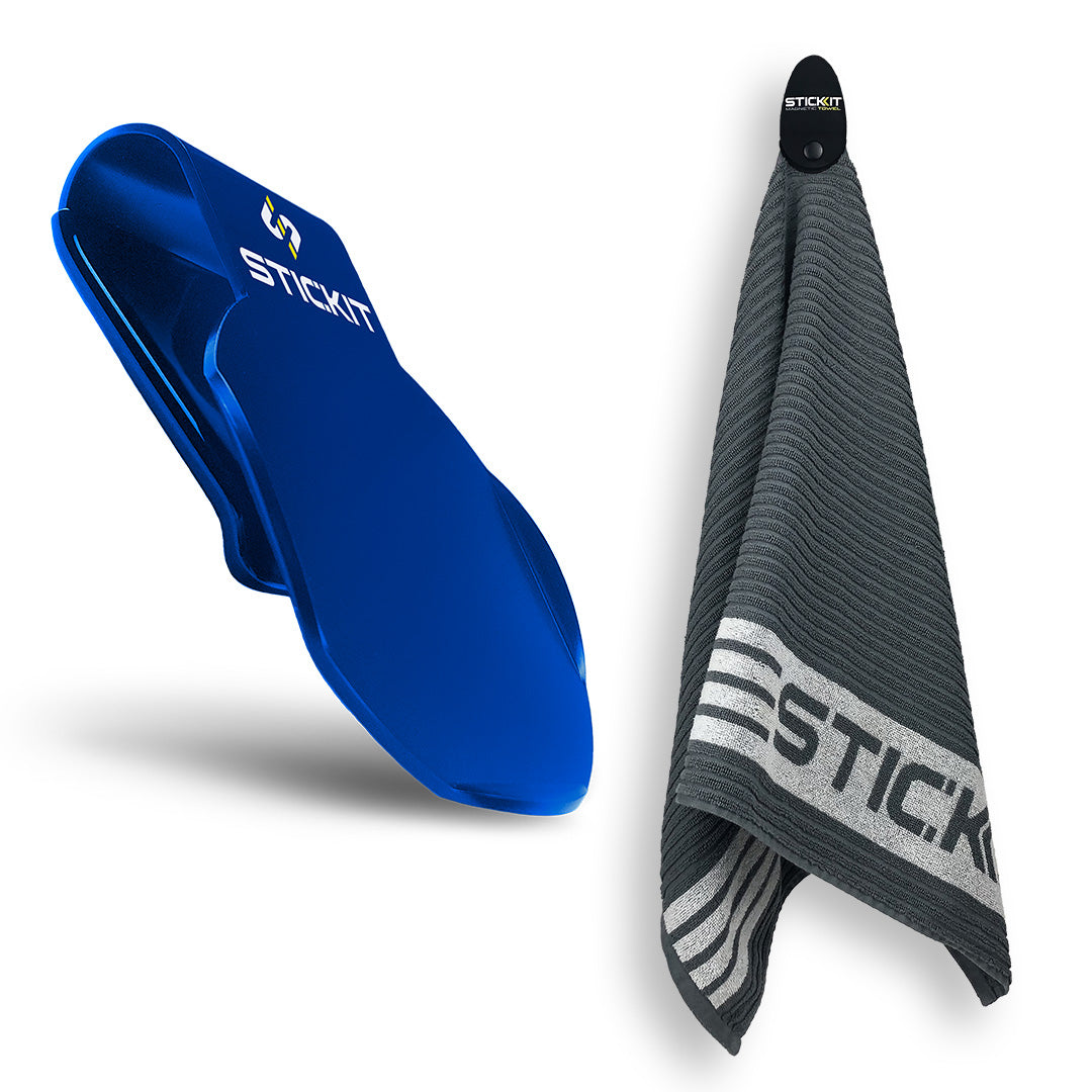Blue Stickit towel clip with a grey microfiber towel featuring a striped design. Ideal for sports and outdoor activities.