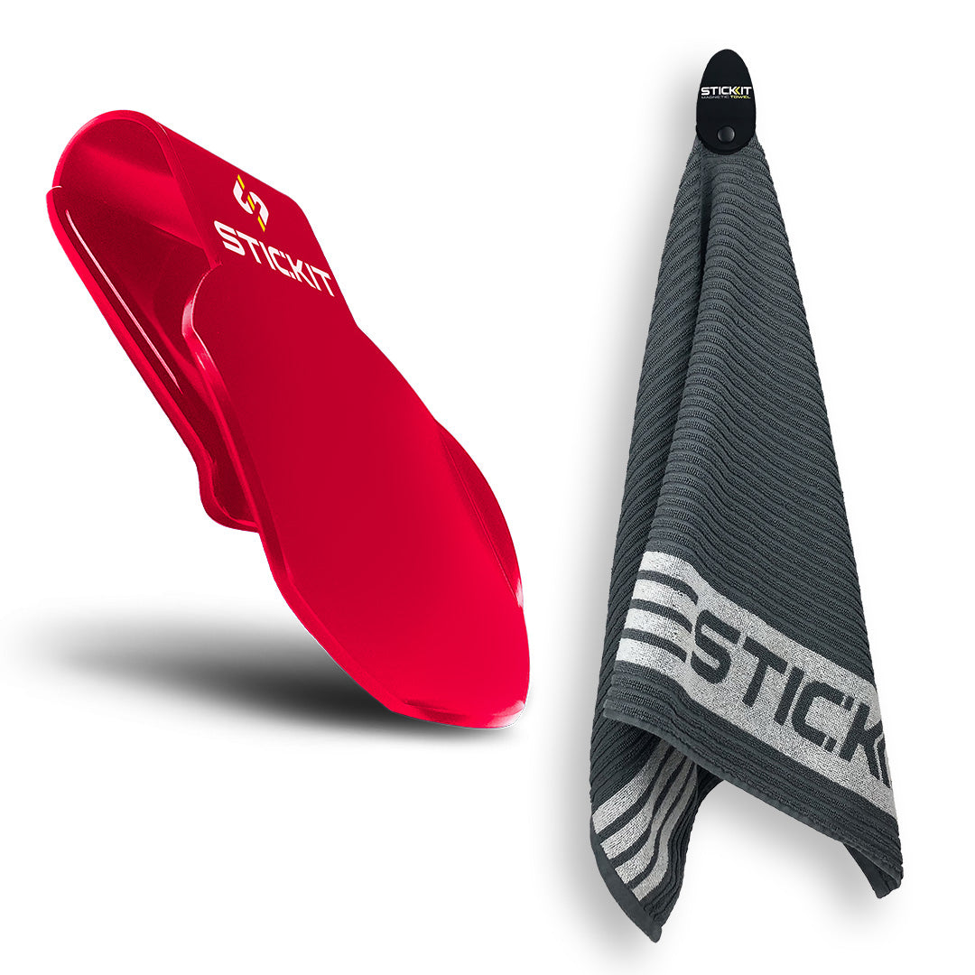 Red Stickit towel holder with gray towel featuring striped design, perfect for sports and gym accessories.