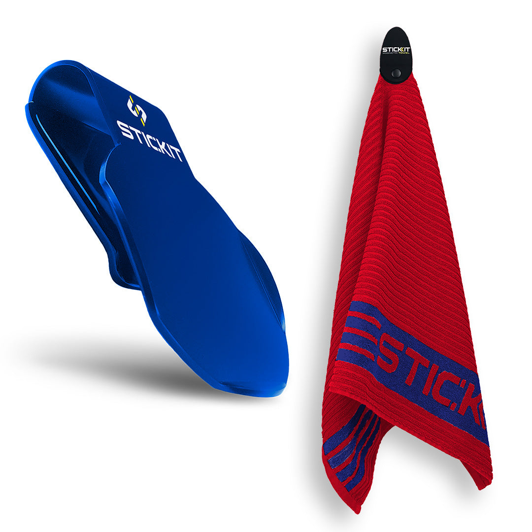 Blue SHERPA towel clip and red cotton towel with blue stripe, perfect for sports and outdoor activities.