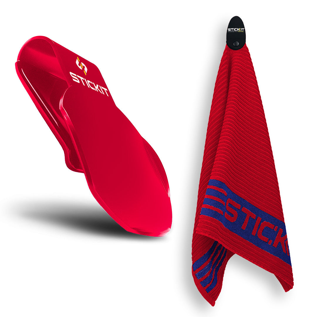 Red Stickit towel holder with red towel featuring blue logo, perfect for gym or sports use.