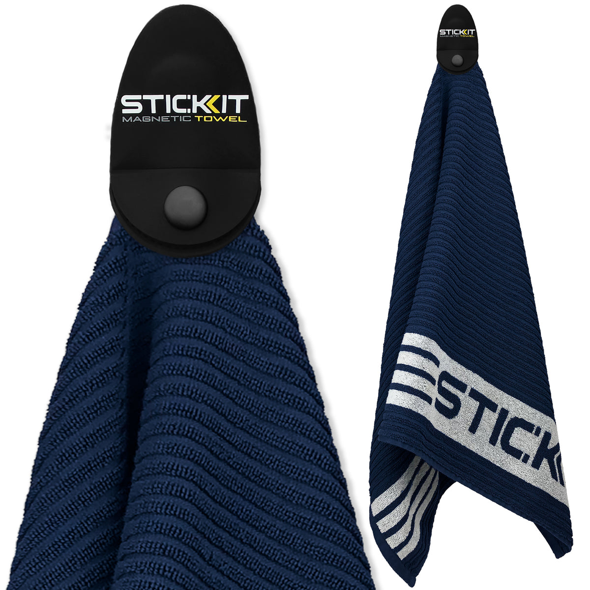 Navy blue magnetic towel with textured design and white logo, ideal for convenient hanging in kitchens or bathrooms.