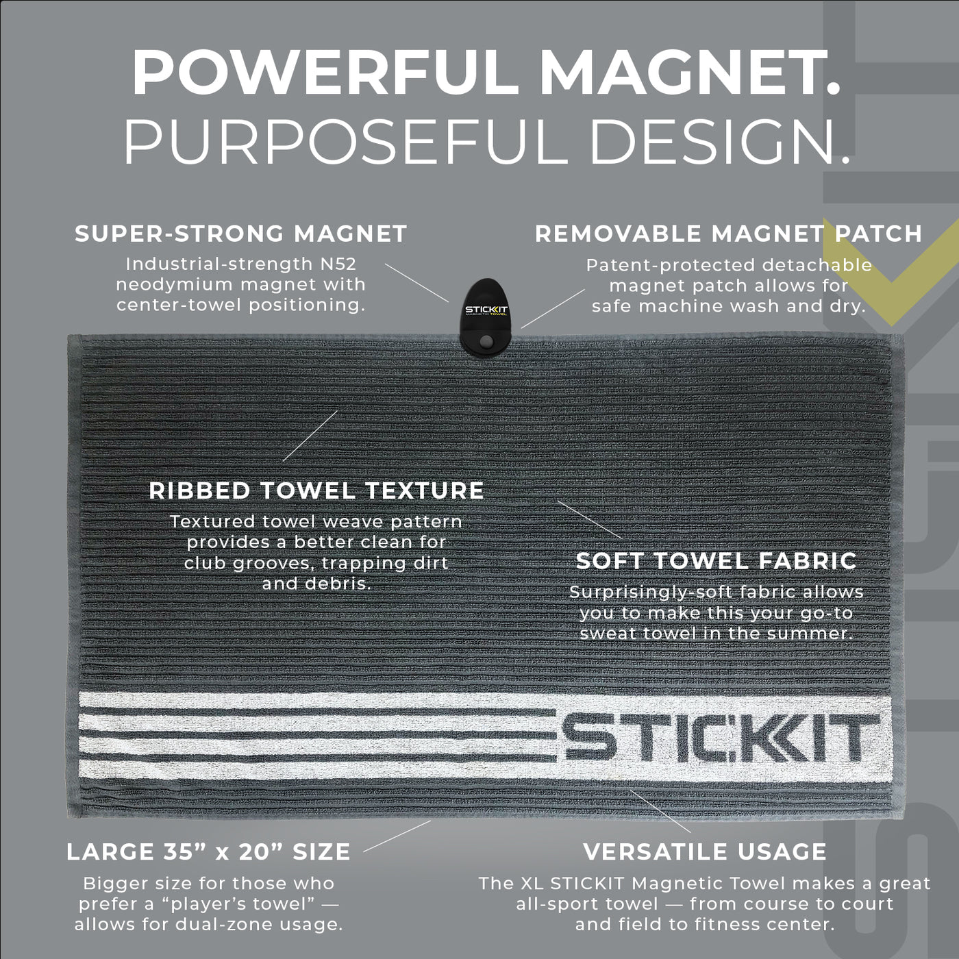 Gray ribbed STICKIT Magnetic Towel, 35"x20", soft fabric, removable patch for versatile usage, ideal for sports and gym.