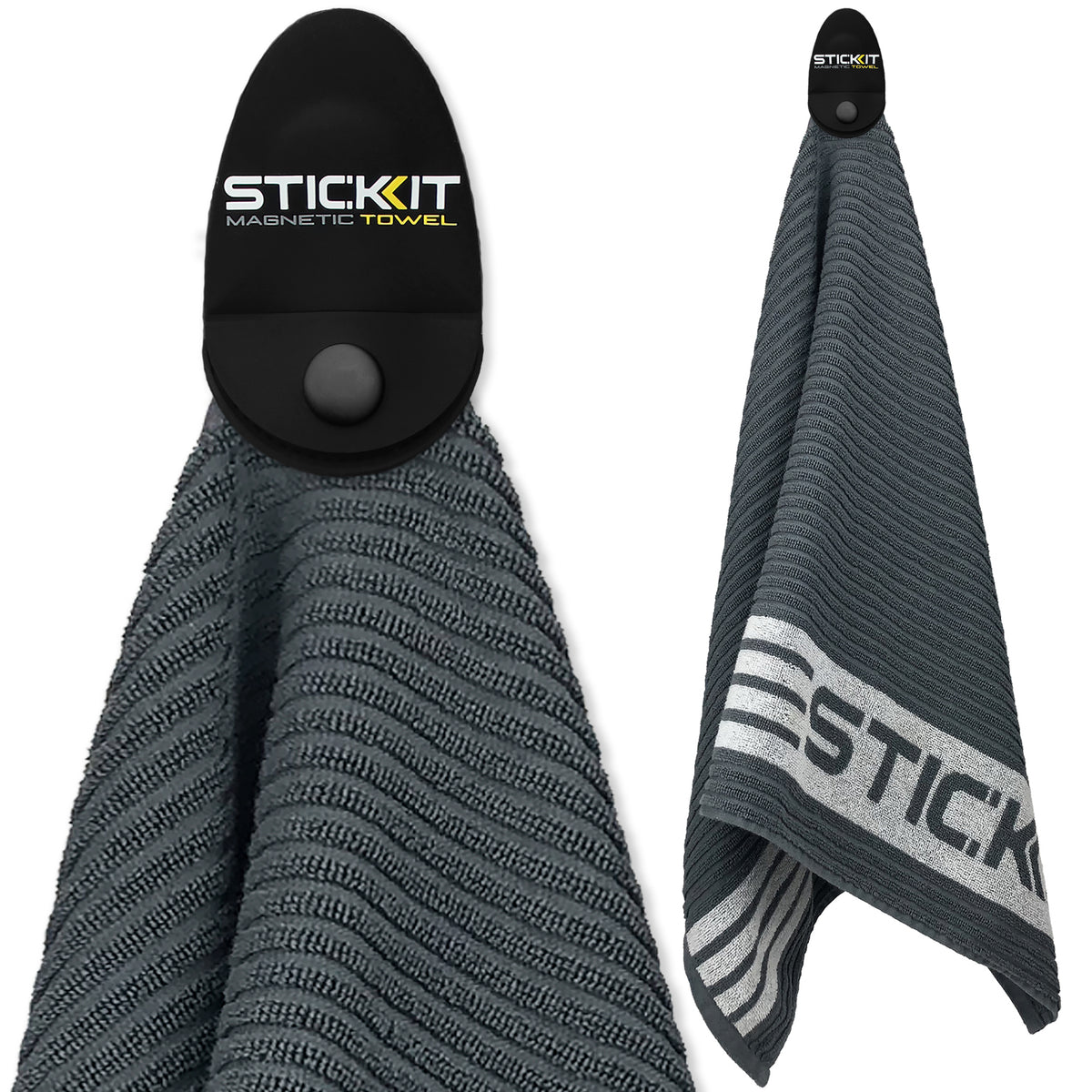 Gray magnetic towel with textured fabric and black holder, featuring the STICKIT logo for easy hanging.