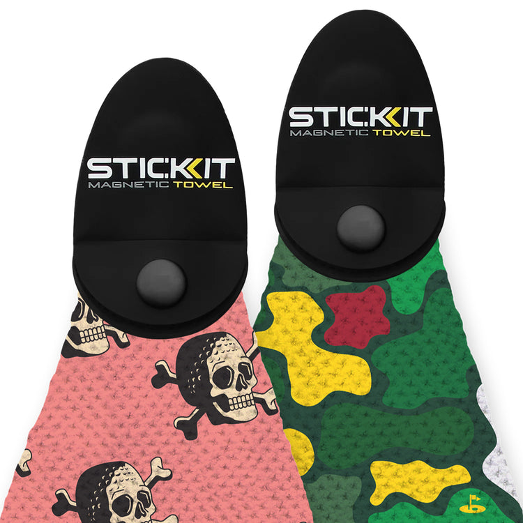 Two magnetic towels featuring a pink skull design and a green camo pattern, both with black tops. Perfect for active lifestyles.
