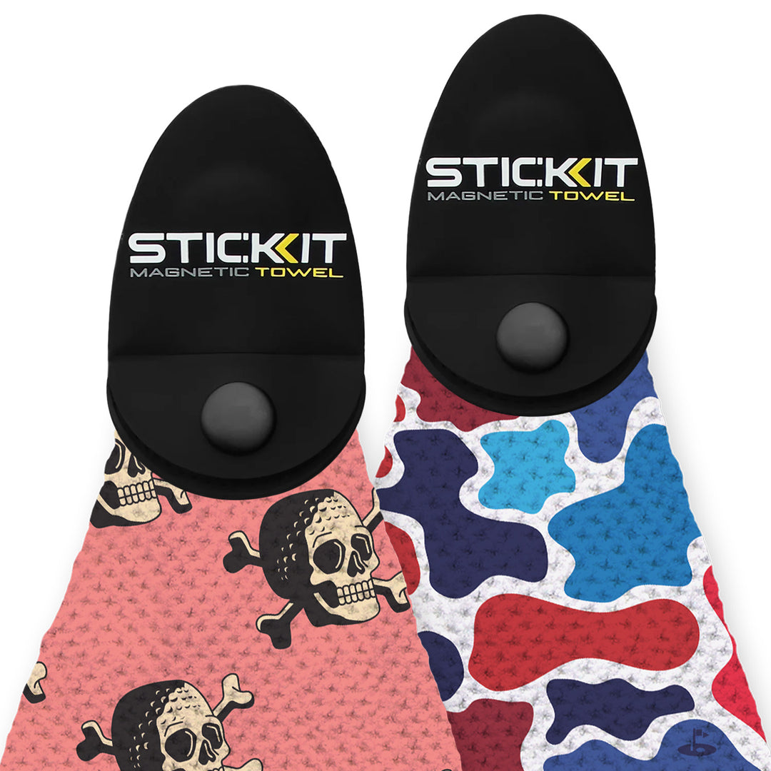 Black magnetic towel holder with pink skull design and red, white, blue camouflage pattern. Ideal for sports and fitness.