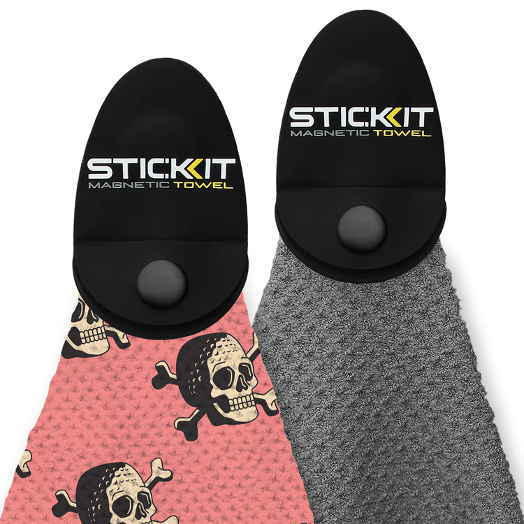 "Set of two SticKit magnetic towels: pink with skull print and gray, made of soft, absorbent microfiber fabric."
