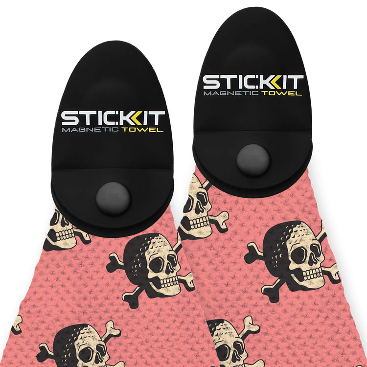 Black magnetic towel with pink skull and crossbones pattern, crafted from soft, durable microfiber material.