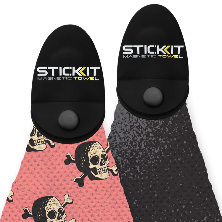 Magnetic towel set featuring a pink skull design and a black textured surface, perfect for outdoor adventures.