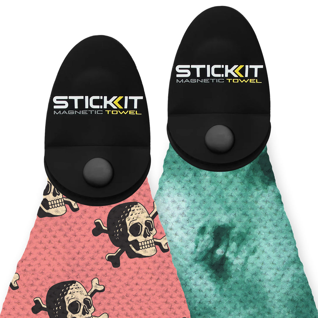 STIC Kit Magnetic Towel, pink with skull design and green textured fabric, perfect for outdoor adventures.