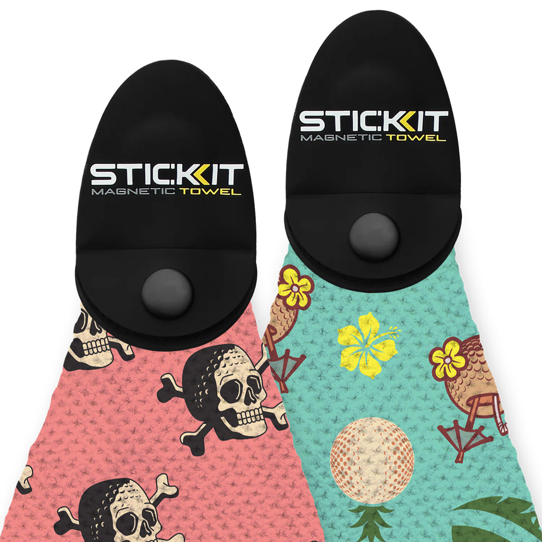 Colorful skull and floral patterned magnetic towels, featuring a black grip and durable material for outdoor use.