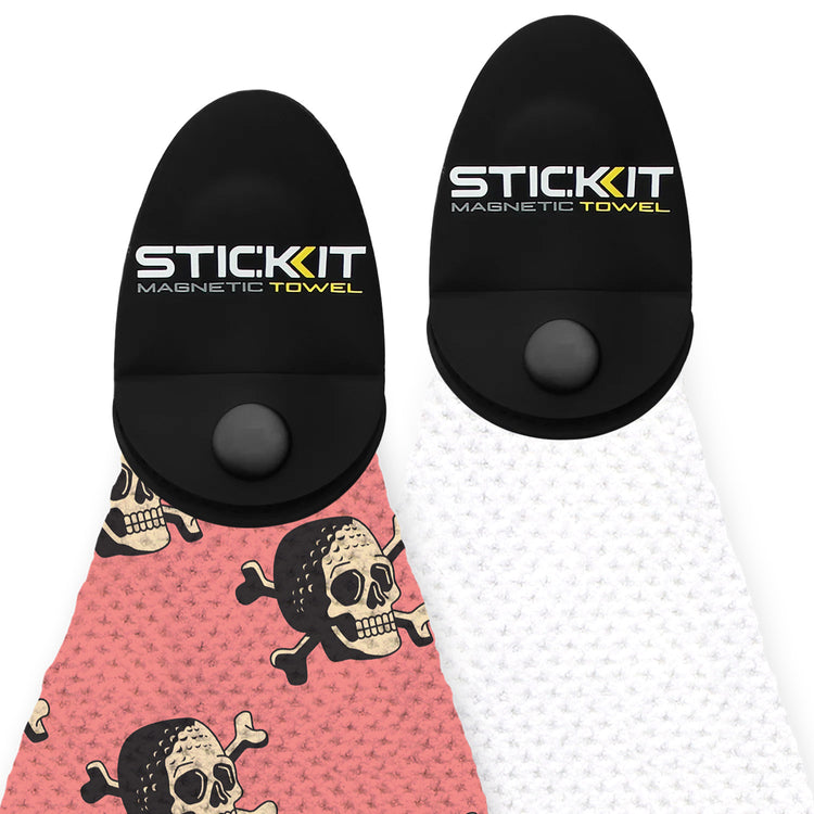 Magnetic towels in pink and white with skull prints, featuring a durable black holder for easy attachment.