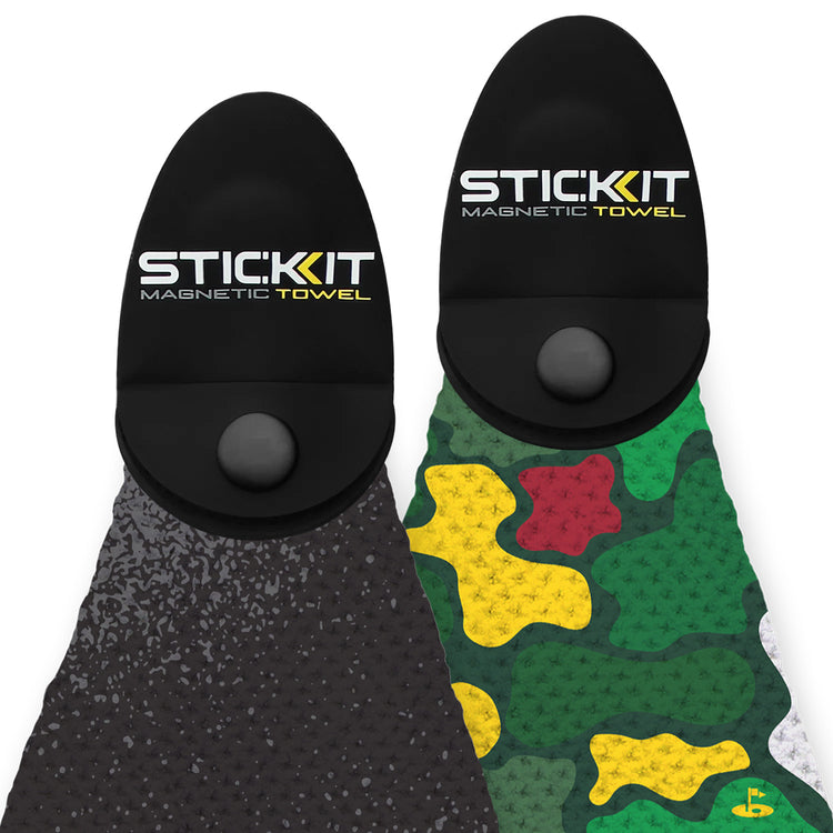 Black and camo-patterned magnetic towels with sturdy grips, perfect for workouts and outdoor activities.