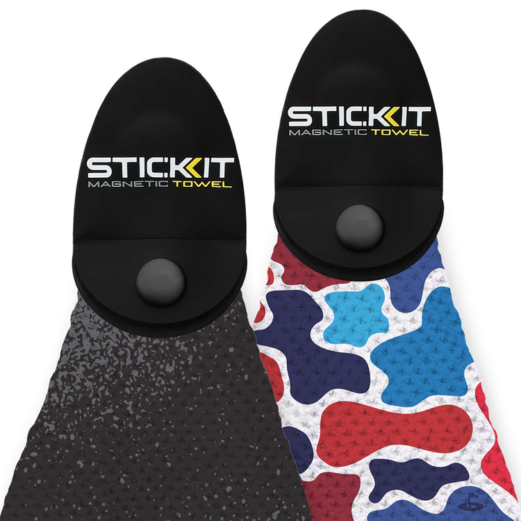 Black and patterned red, white, and blue magnetic towels with STIC:KIT branding, ideal for sports and outdoor activities.