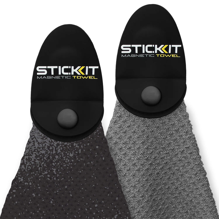 Black and gray magnetic towels with textured fabric, ideal for sports and outdoor activities.