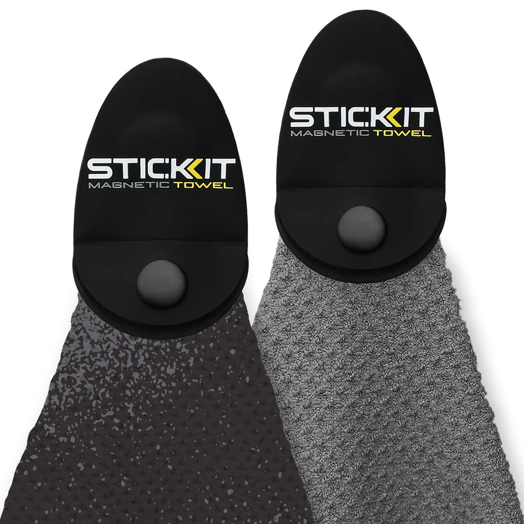 Black and gray magnetic towels with textured fabric, ideal for sports and outdoor activities.