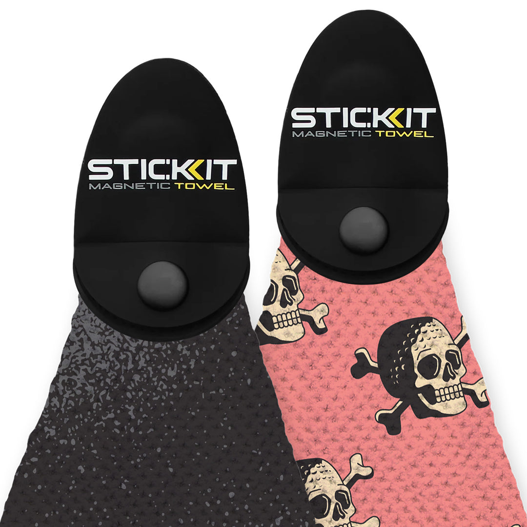 Black and pink magnetic towels with skull designs, featuring a unique stick-on design for easy attachment.