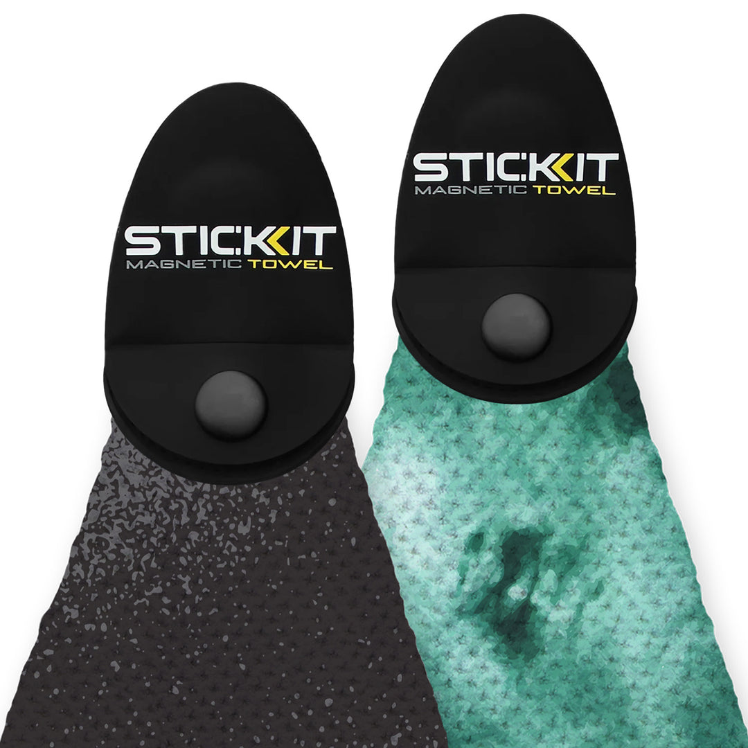 Black and teal STICKit magnetic towels with textured designs, ideal for outdoor activities and easy attachment.