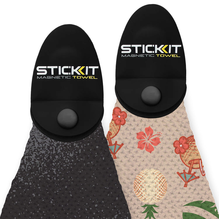 Black and floral-patterned STICKIT magnetic towels with unique grip design for easy attachment and convenience.
